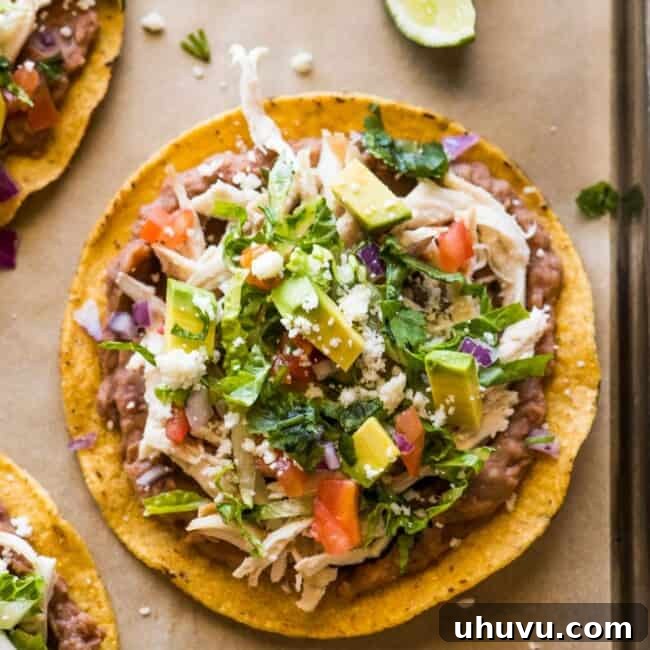 A top-down view of a beautifully garnished chicken tostada, highlighting its vibrant toppings and crispy shell.