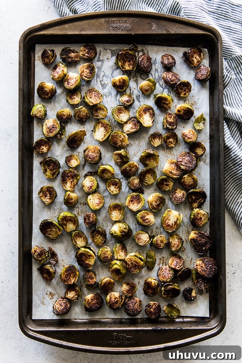 Caramelized Honey Balsamic Sprouts 6 A baking sheet filled with perfectly roasted honey balsamic Brussels sprouts, exhibiting a beautiful golden-brown color and crispy edges, fresh out of the oven.