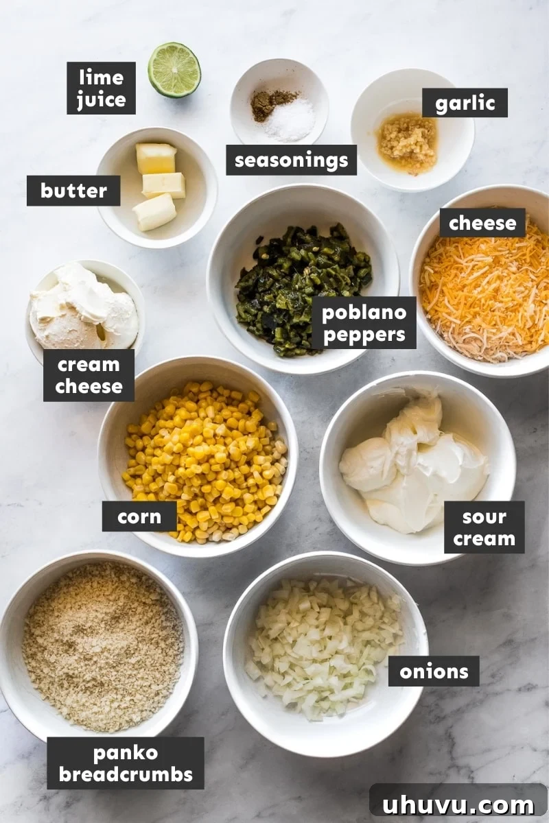 Various ingredients laid out to make chile relleno dip.
