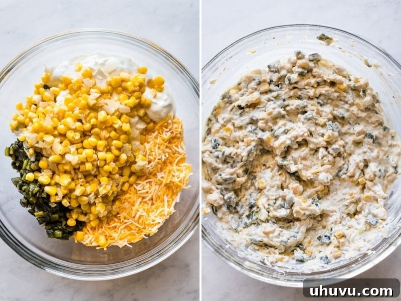 Mixing the ingredients for chile relleno dip in a bowl.