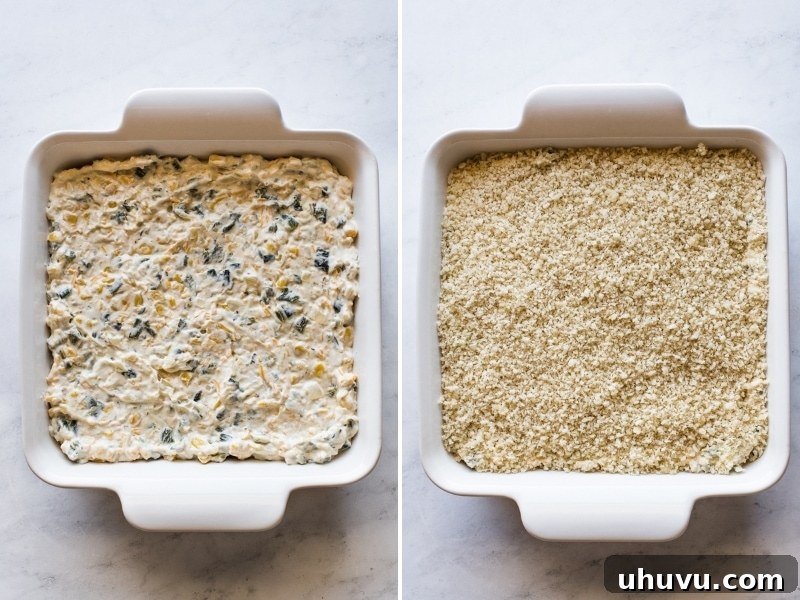 Chile relleno dip in a baking dish before baking.