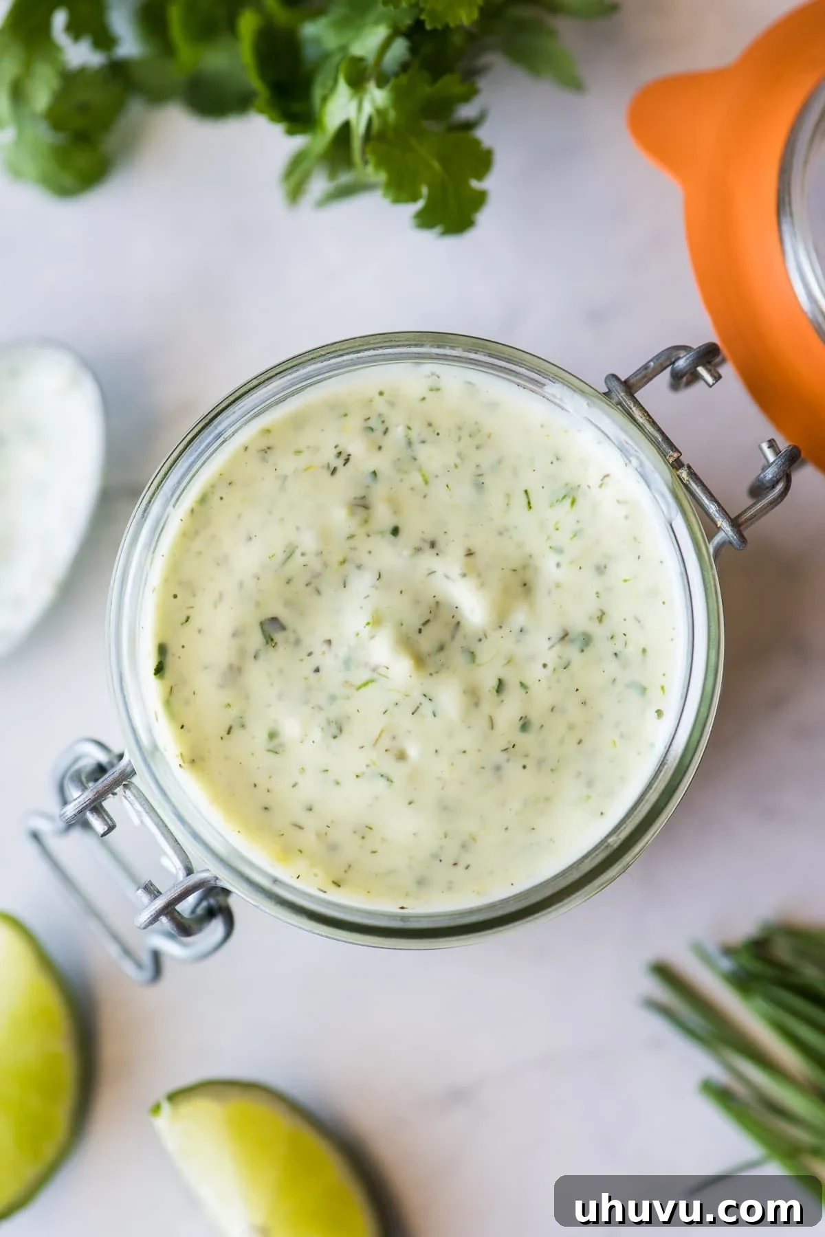 Jalapeno ranch in a glass jar ready to eat.