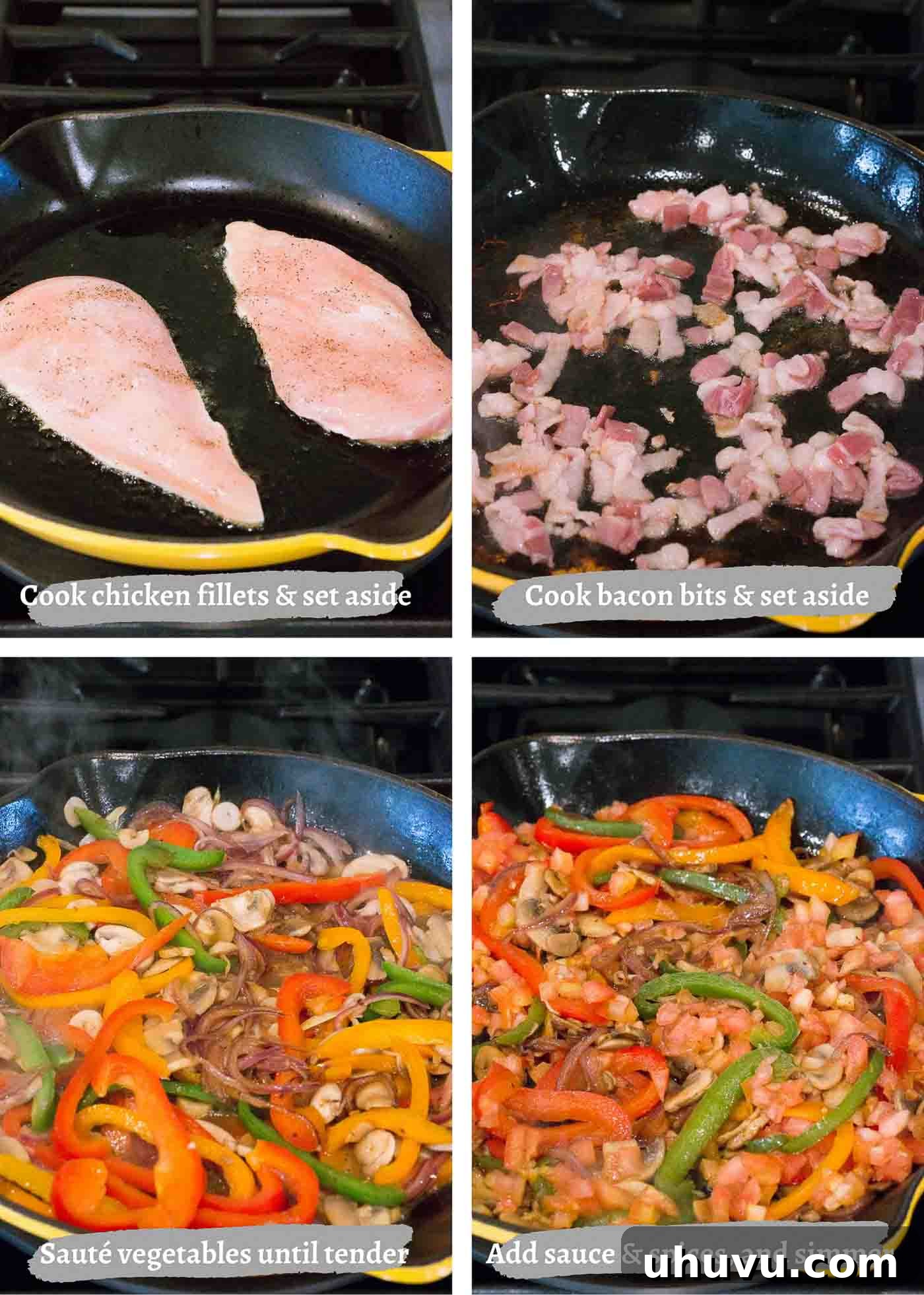 Braised Chicken in Tomato Herb Sauce 5 Process images showing steps of making chicken cacciatore in a pan