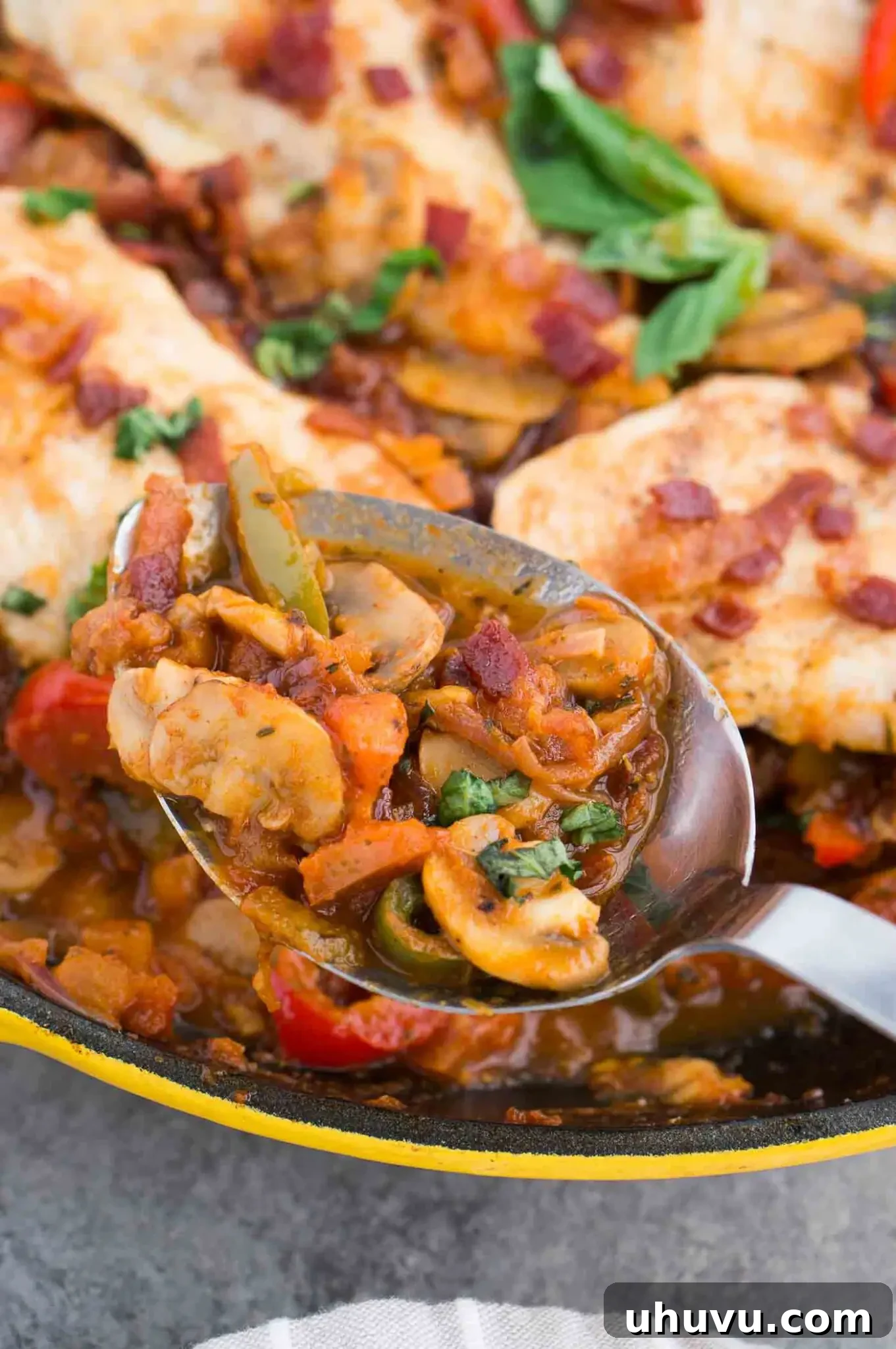 Close up image of hearty chicken cacciatore stew in a pan