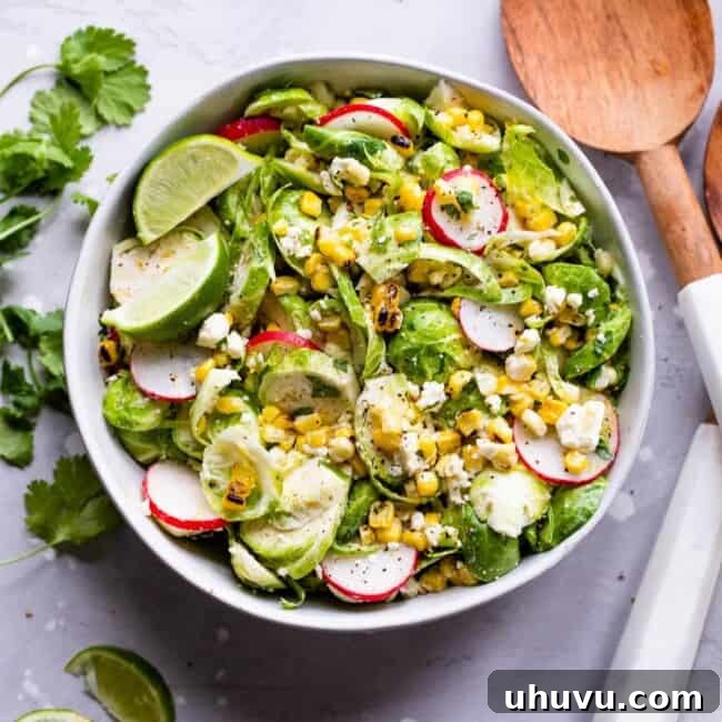 Mexican Brussels Sprout Salad in a bowl ready to serve.