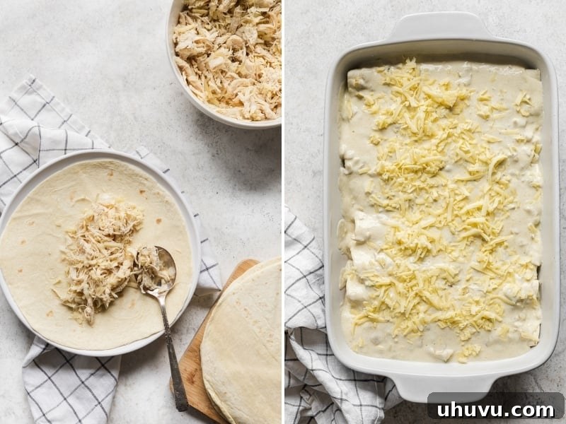 Creamy Chicken Enchiladas 4 Collage showing the steps to make white chicken enchiladas: mixing filling, rolling tortillas, making sauce, and pouring sauce over enchiladas.