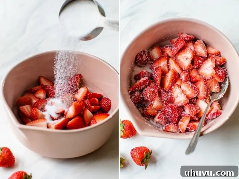Strawberry Cloud Pops 3 A bowl of sliced strawberries macerating in granulated sugar.