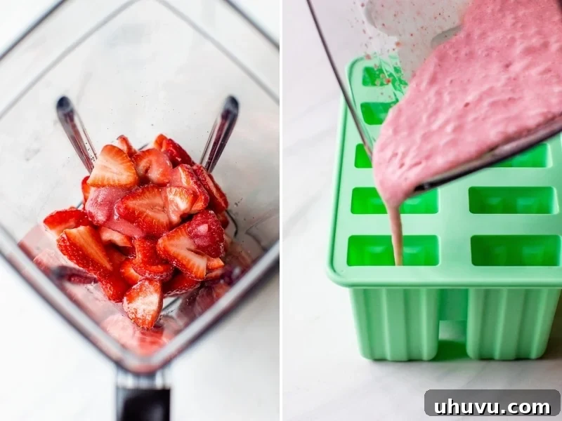 Strawberry Cloud Pops 4 Macerated strawberries in a blender to make popsicles.