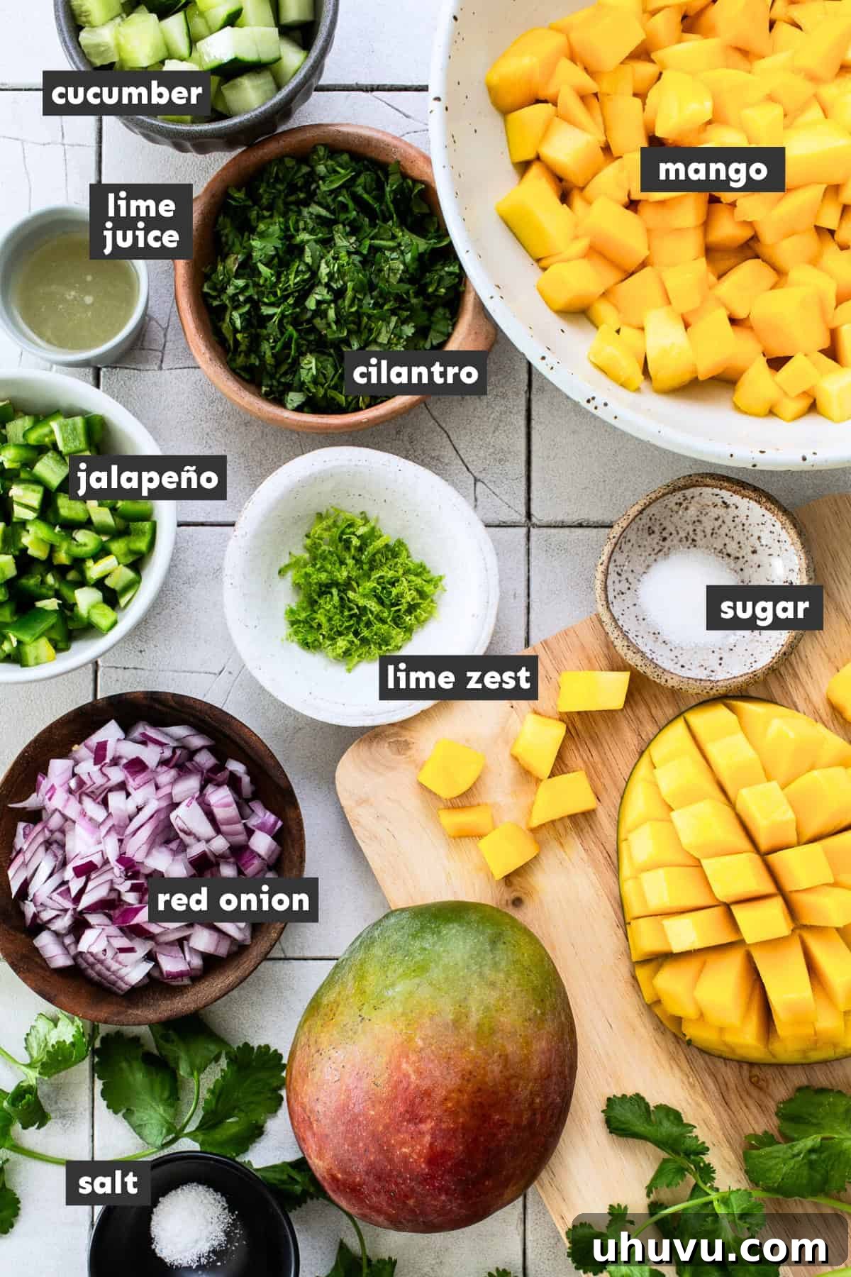 Tropical Mango Medley 3 Fresh ingredients for mango salsa, separated into small mixing bowls for preparation.