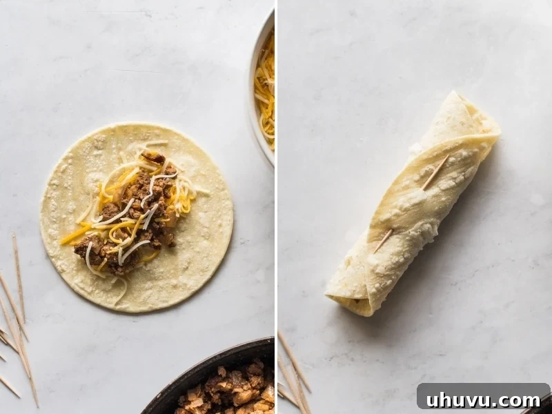 Golden Crispy Beef Taquitos 4 A beef taquito filled with ground beef and rolled.