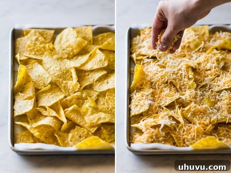 Loaded Sheet Pan Nachos 4 Shredded cheese being sprinkled generously on top of tortilla chips.