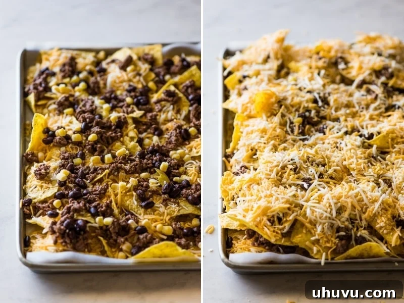 Loaded Sheet Pan Nachos 5 Seasoned ground beef, corn, and black beans layered on a bed of tortilla chips.