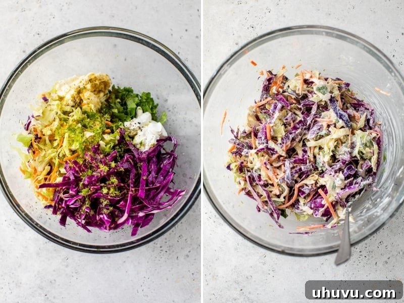 Fish taco slaw ingredients being mixed in a glass bowl.