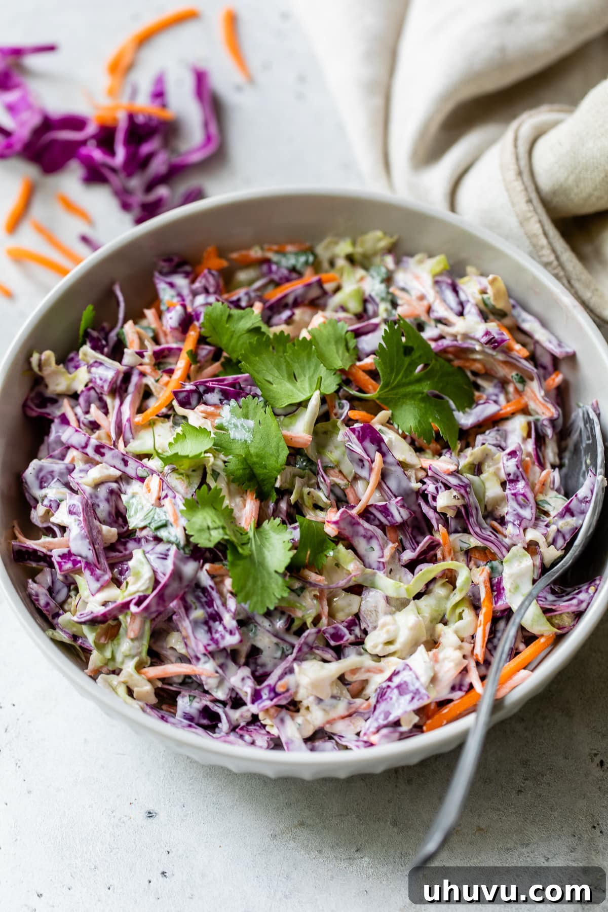 A bowl filled with fish taco slaw, perfectly mixed and ready to be served.