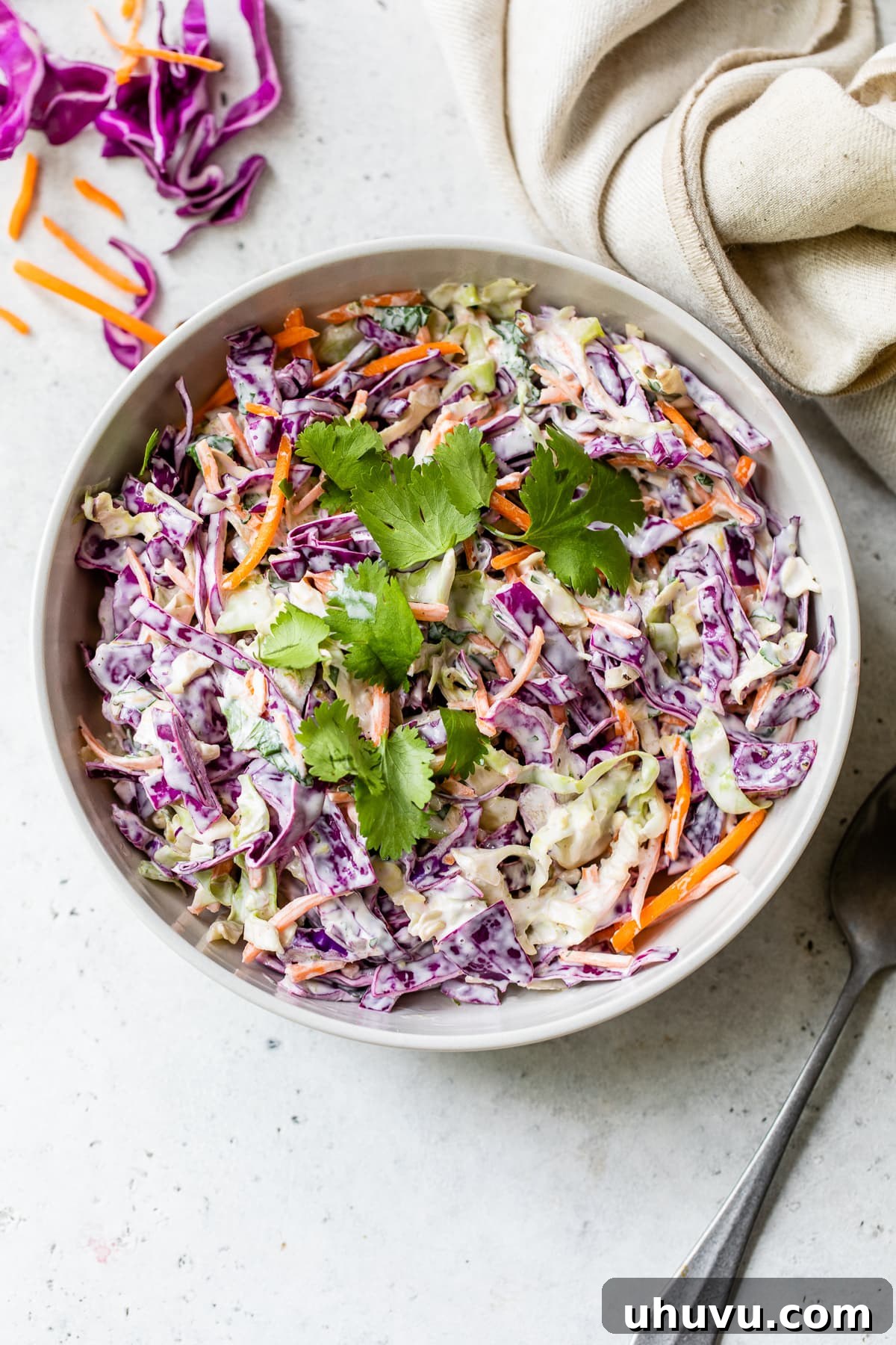 A creamy slaw in a bowl, perfectly mixed and ready to be served as a delightful side or topping.