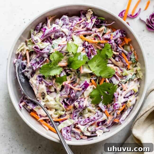 Fish taco slaw in a bowl topped with cilantro leaves.