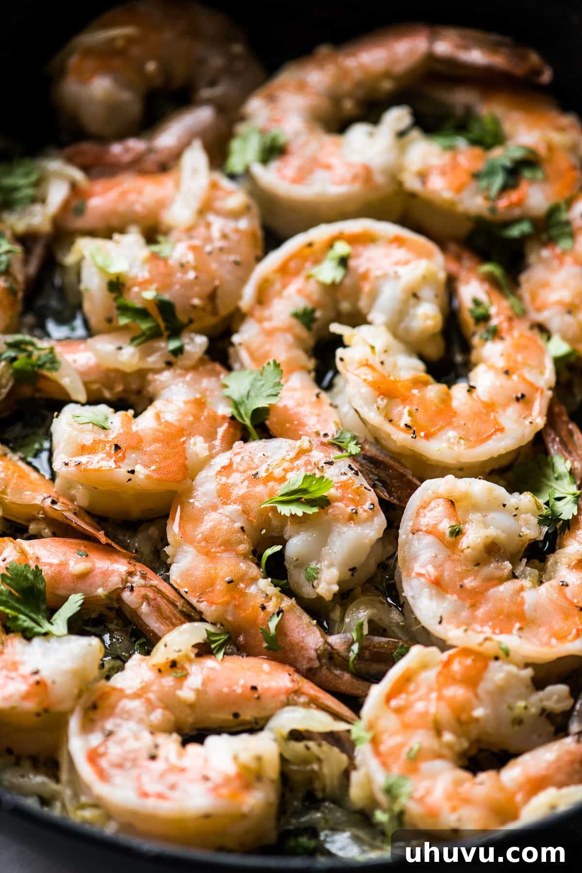 Mexican Garlic Butter Shrimp 2 Camarones al Mojo de Ajo in a skillet garnished with cilantro in garlic butter sauce.