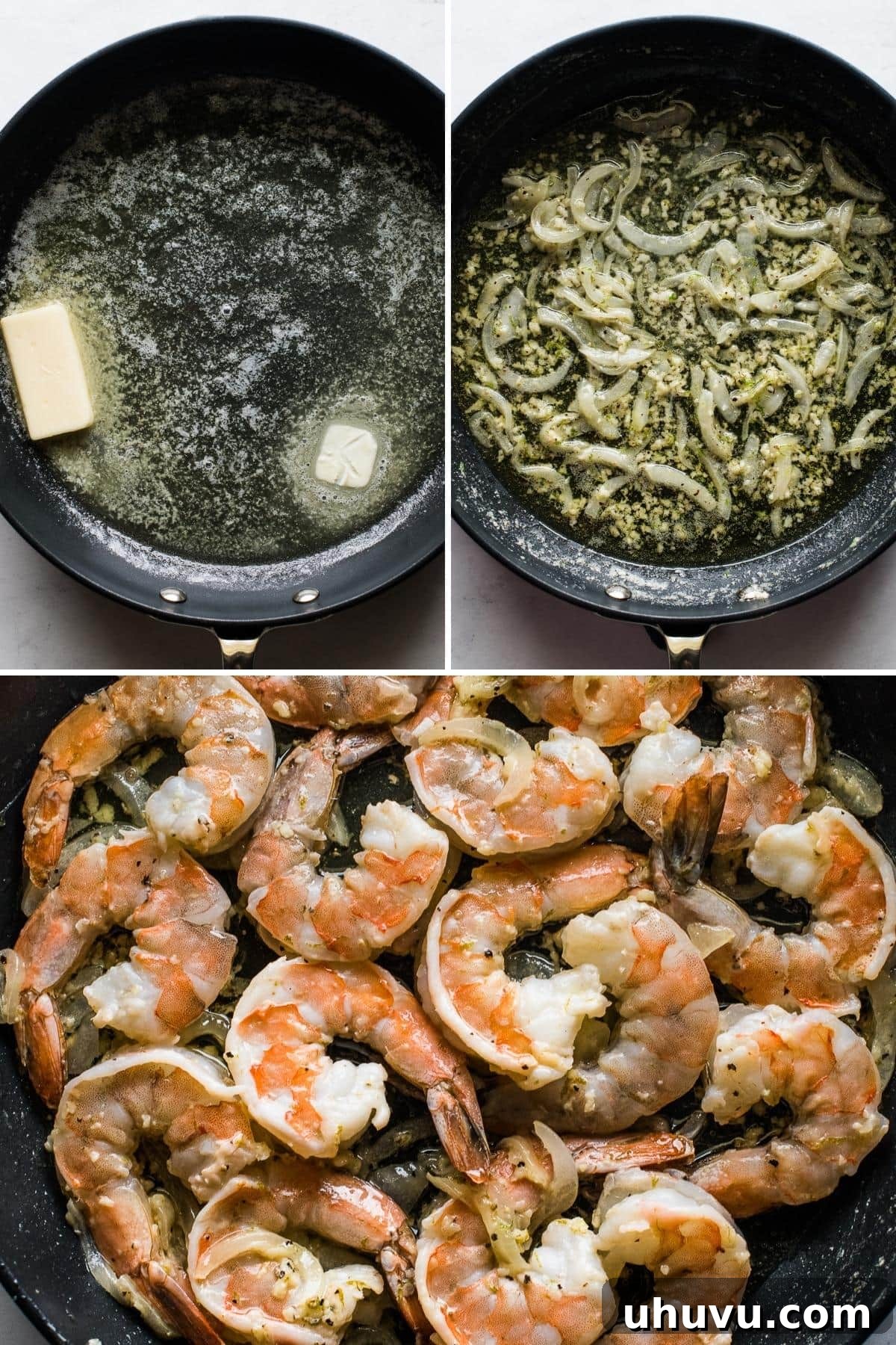 Mexican Garlic Butter Shrimp 4 Camarones al mojo de ajo in a skillet with butter, garlic, and shrimp.