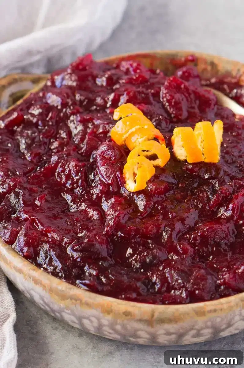 close up shot of orange cranberry sauce with orange peel swirls