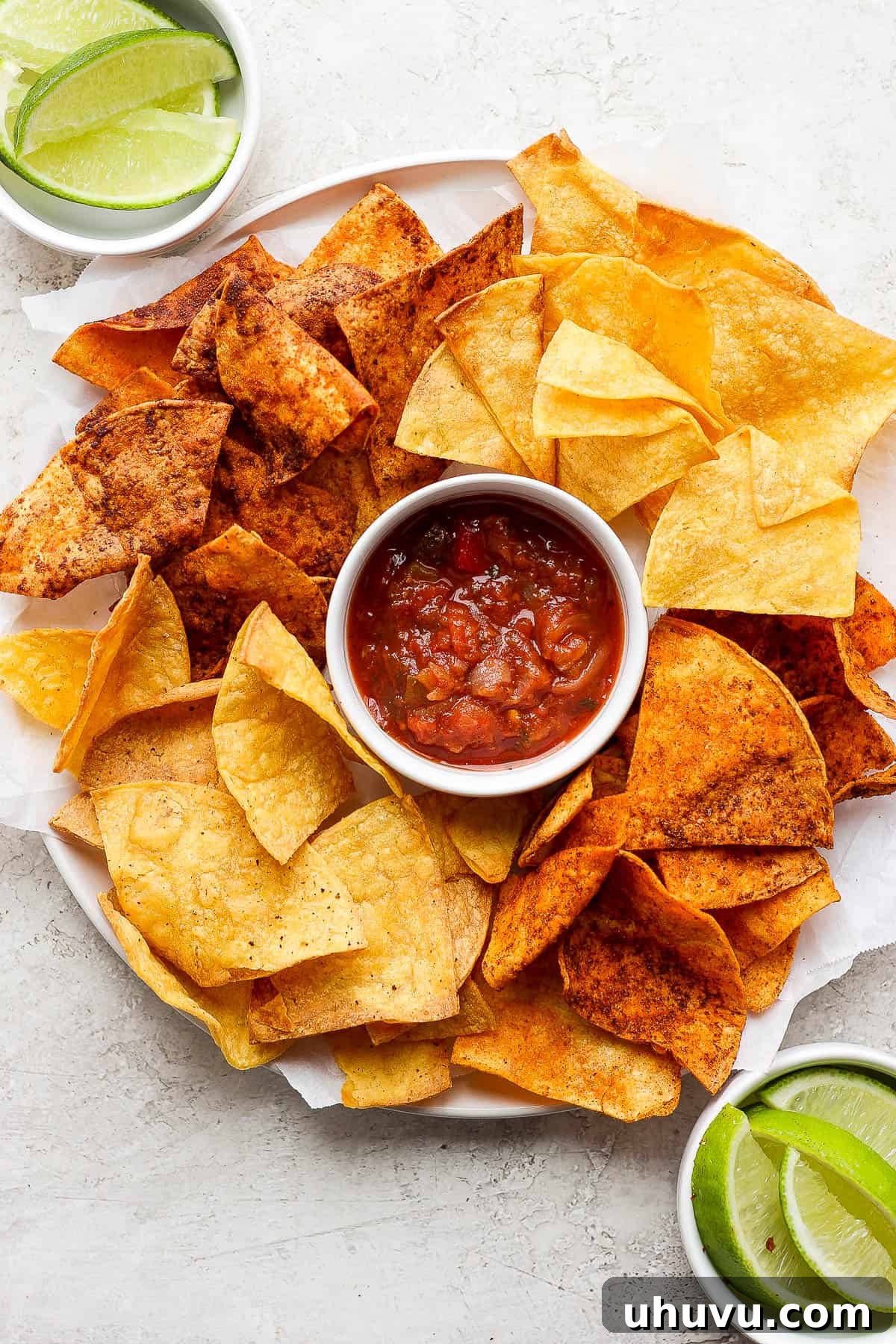 Air fryer tortilla chips plated with salsa