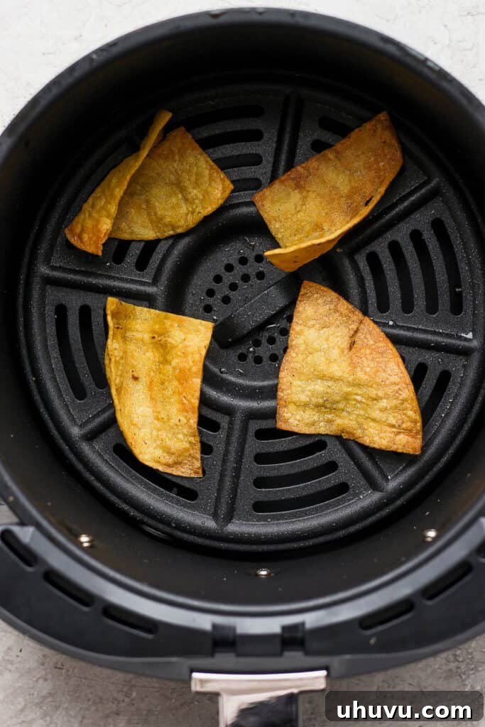 Four tortilla pieces in the air fryer basket after being fried in a single layer