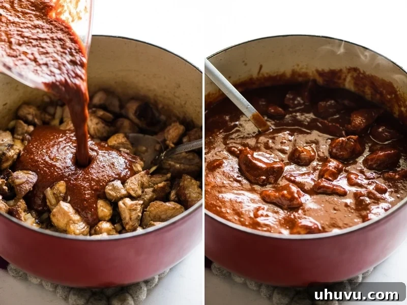 New Mexican Red Chile Pork Stew 5 Red chile sauce poured on top of seared pork for carne adovada.
