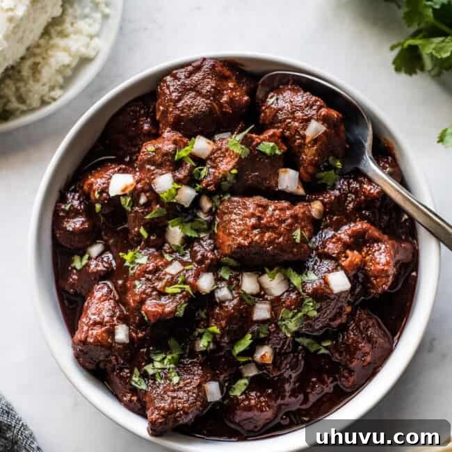 New Mexican Red Chile Pork Stew 7 Carne adovada in a bowl next to warm tortillas.