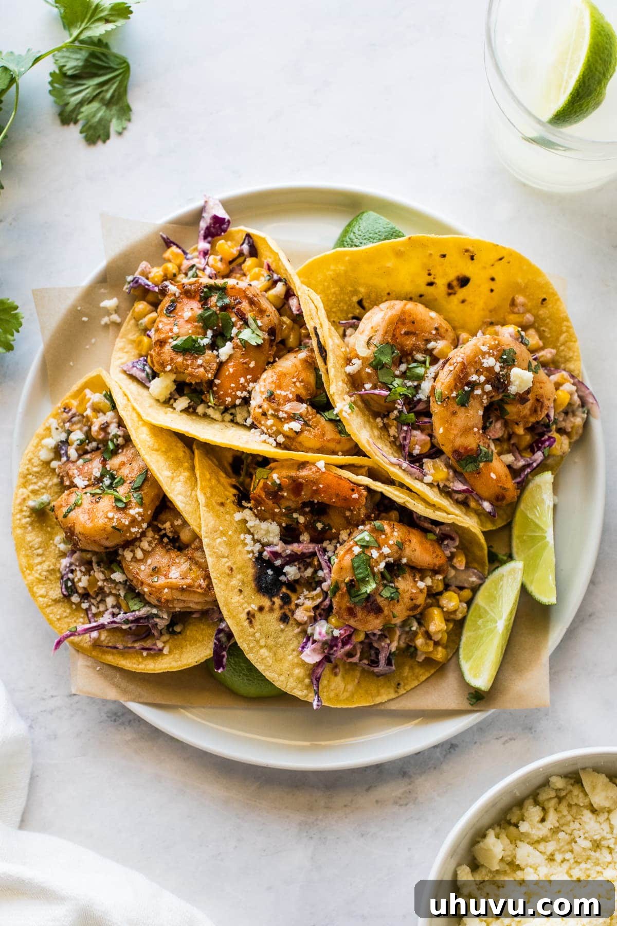 Chili-Lime Shrimp Tacos with Creamy Elote Slaw 3 Succulent spicy shrimp, seasoned with a vibrant chipotle chili powder blend, peeking out from warm corn tortillas, inviting a delicious bite.