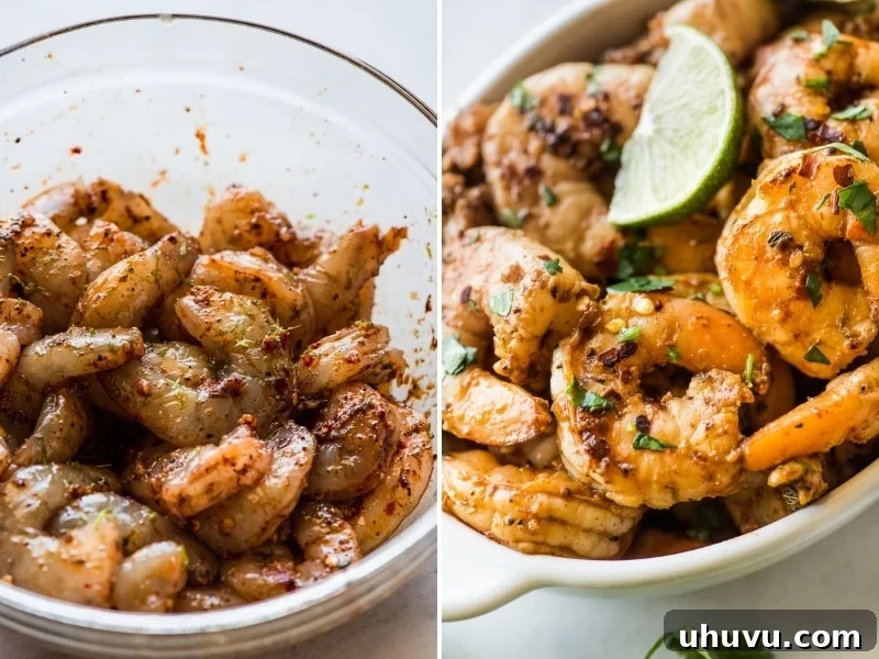 Chili-Lime Shrimp Tacos with Creamy Elote Slaw 4 Freshly cooked spicy shrimp, glistening with marinade, gathered in a bowl and topped with bright lime juice and a sprinkle of chopped cilantro, ready for taco assembly.