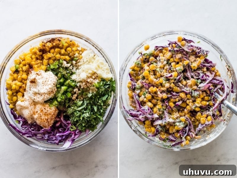 Chili-Lime Shrimp Tacos with Creamy Elote Slaw 5 A colorful elote slaw, featuring golden corn kernels, vibrant shredded red cabbage, and other fresh ingredients, mixed in a bowl and ready to be served.