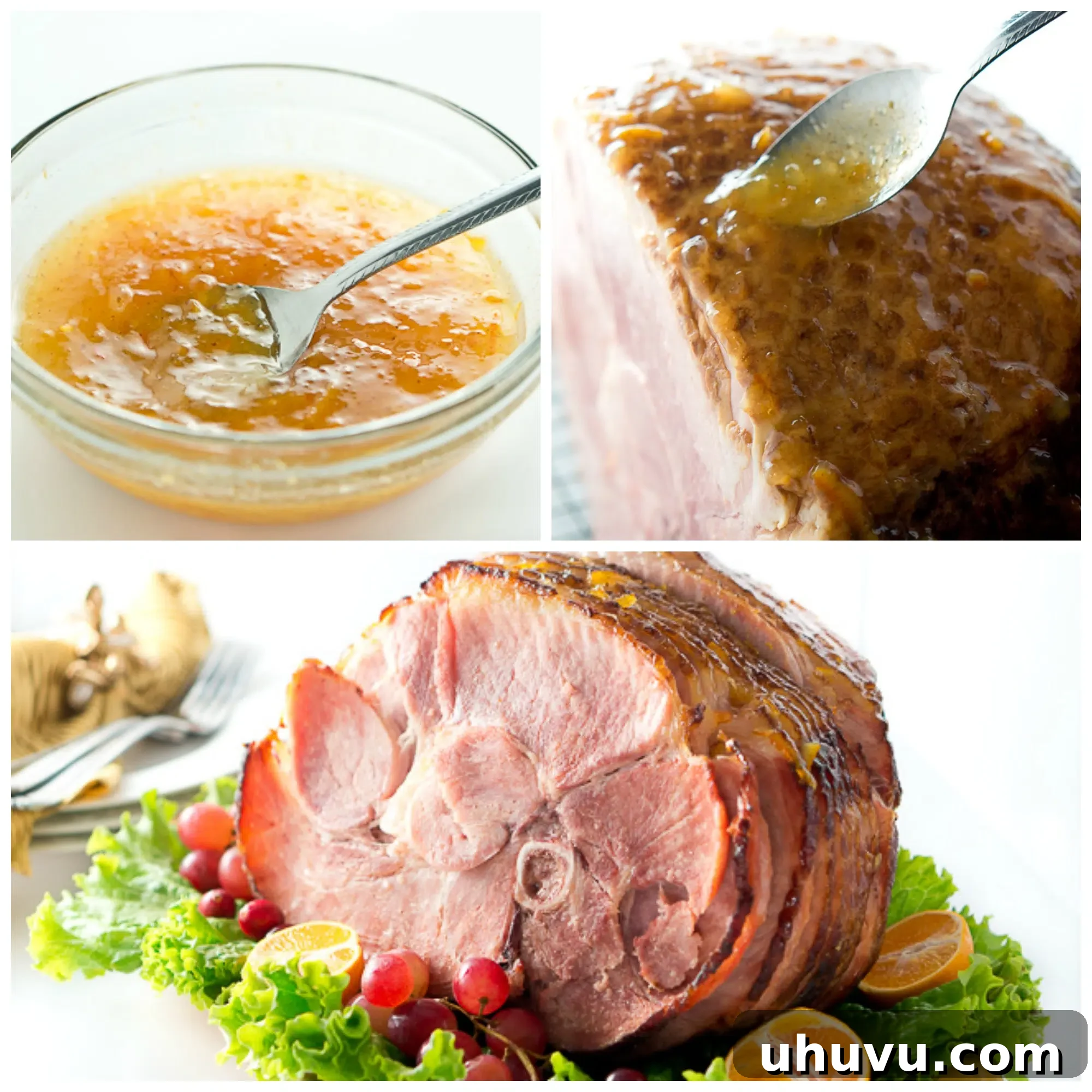 A perfectly carved slice of Orange Dijon Glazed Ham, revealing its tender texture.