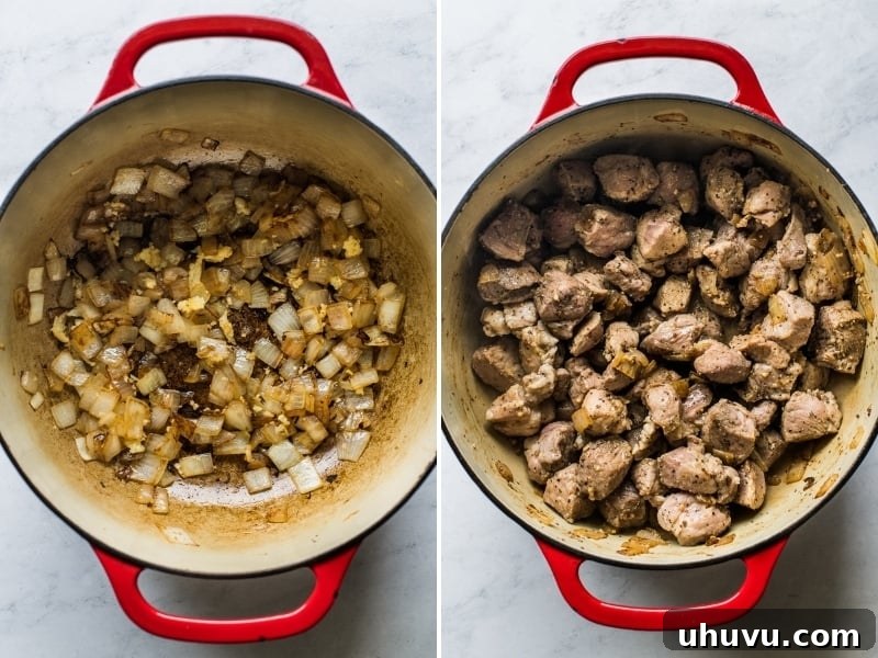Sweet and Smoky Chipotle Pork Chili 4 Sauteed onions and browned pork shoulder cooking in a large Dutch oven.