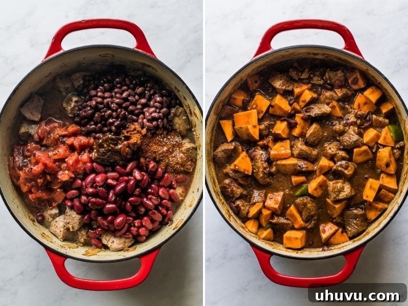 Sweet and Smoky Chipotle Pork Chili 5 Black beans, dark red kidney beans, diced tomatoes, and sweet potatoes being mixed into a rich pork chili in a Dutch oven.