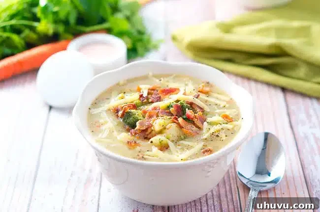 A close-up shot of creamy broccoli and potato soup in a bowl.