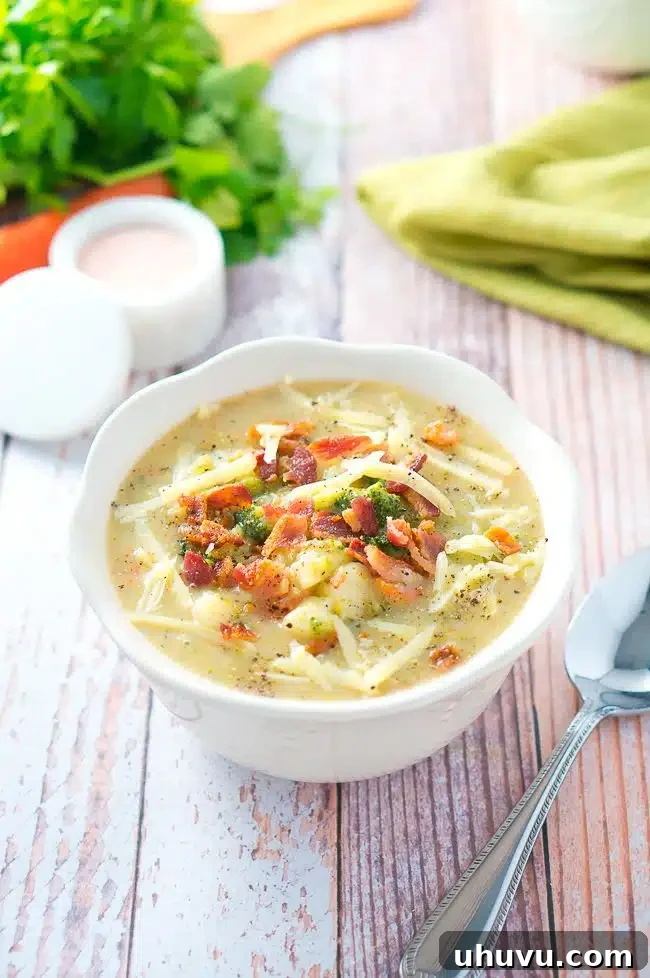 A bowl of creamy broccoli and potato soup, ready to be served.