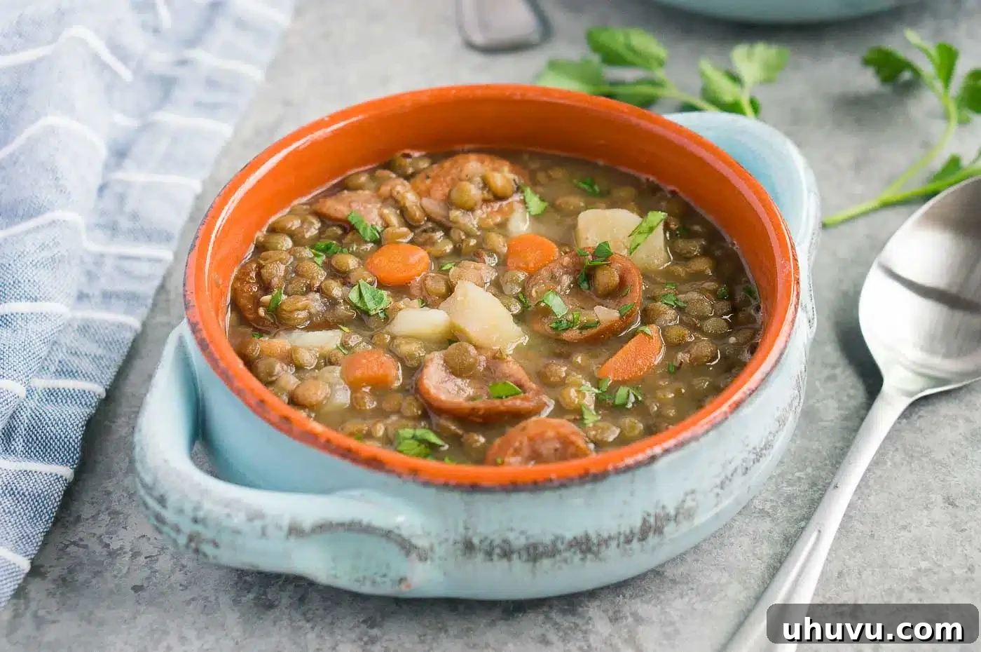 Overhead shot of rich lentil soup in a rustic clay bowl, ready to be served, showcasing its vibrant color and hearty texture.