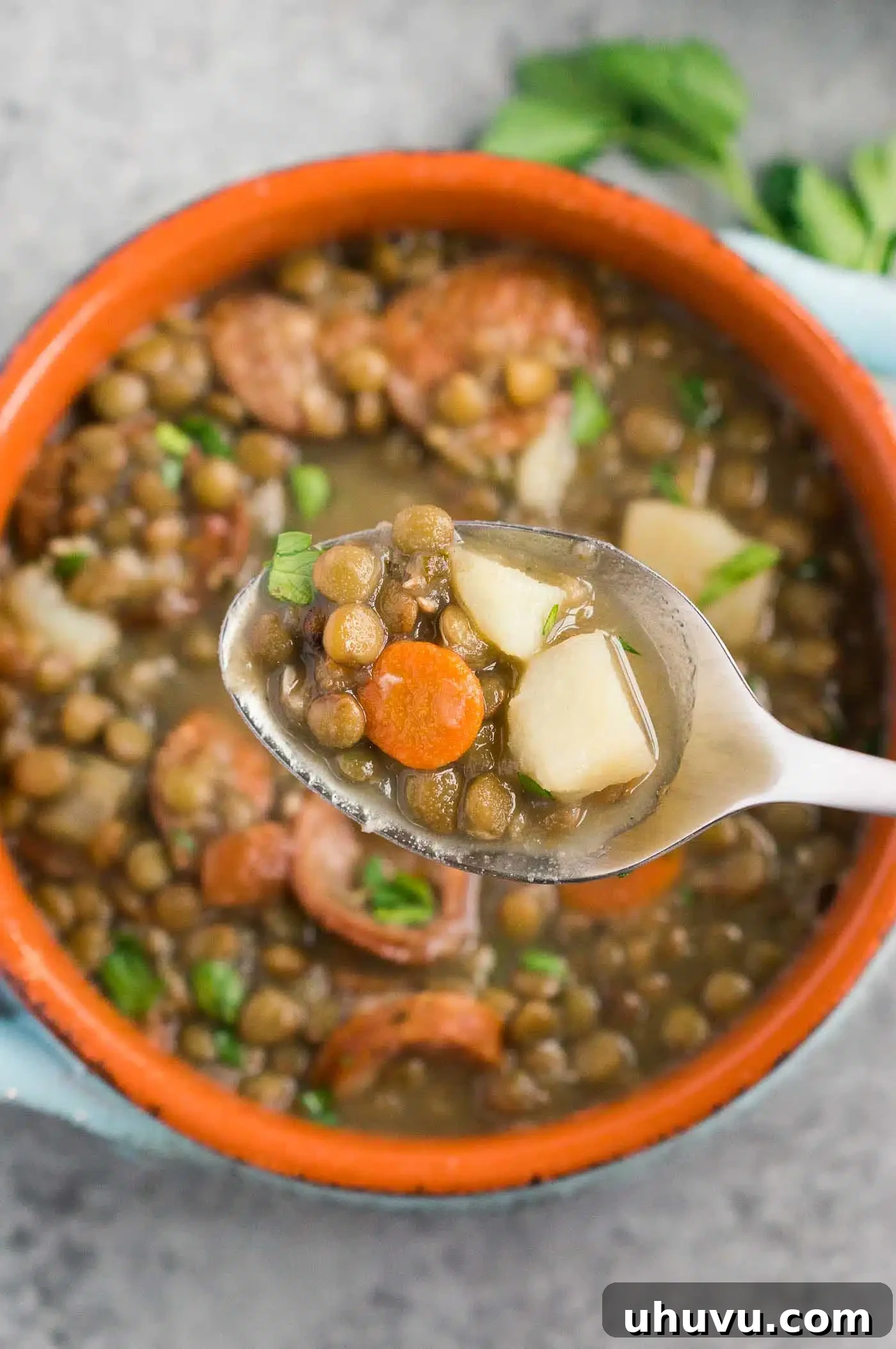 A ladle scooping a generous portion of vegetable lentil soup from a large serving bowl, highlighting the wholesome ingredients.
