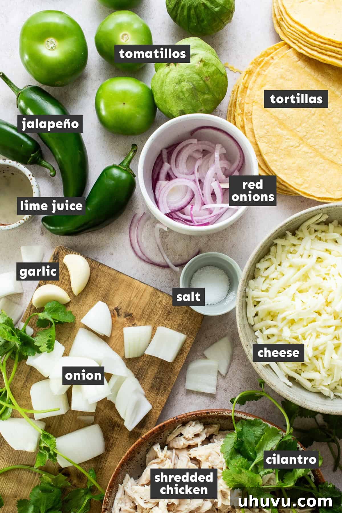 Zesty Green Enchiladas 3 Ingredients for enchiladas verdes on a table ready to use.