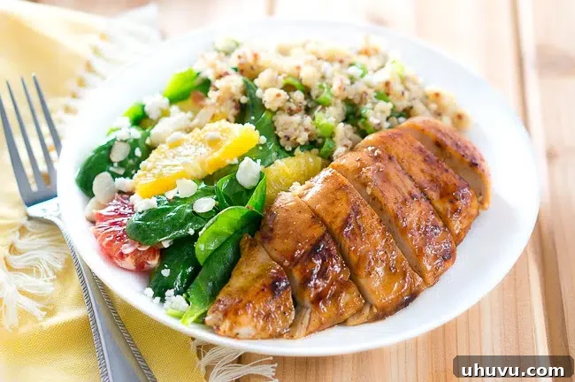Close-up of Balsamic Glazed Chicken and Citrus Spinach Salad