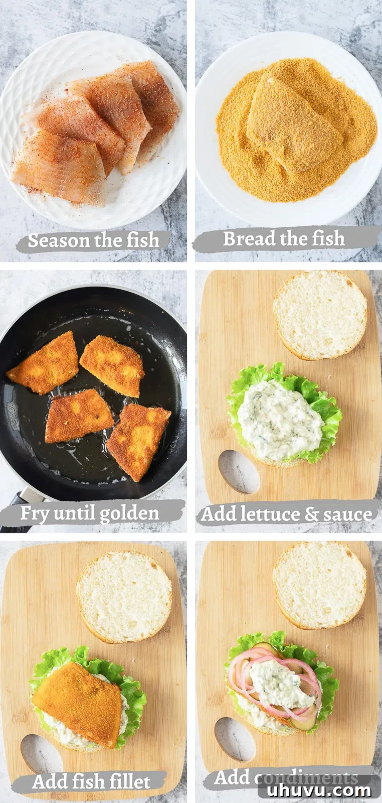 Step-by-step process of preparing and frying a crispy fish fillet for a burger