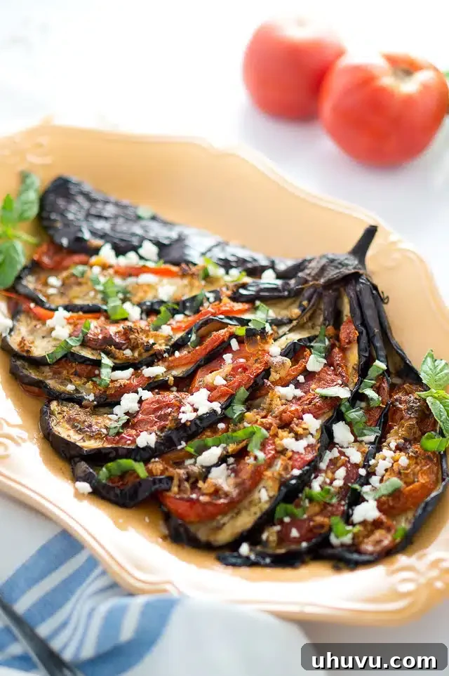 Roasted Eggplant Fan with Tomatoes and Feta Cheese on a white plate