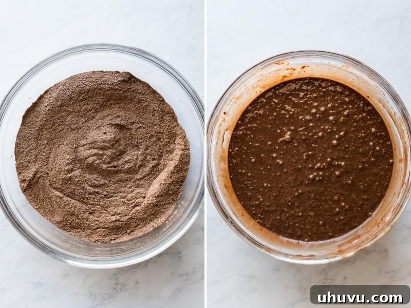 Chocolate cake batter in a mixing bowl for tres leches cake.