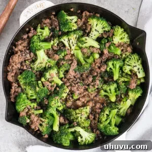 ground beef and broccoli cooked in a skillet