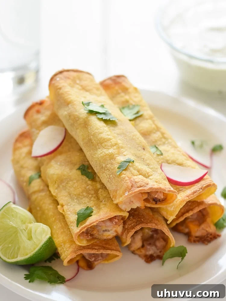 Delicious Baked Chicken, Bean & Cheese Taquitos, golden brown and ready to dip, an easy and freezer-friendly Mexican dinner idea.