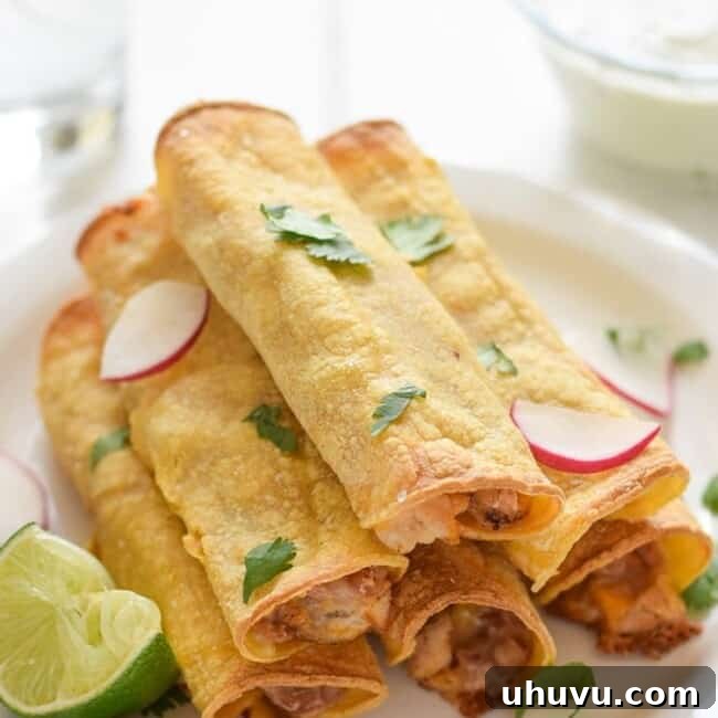 Crispy Baked Chicken, Bean & Cheese Taquitos, an easy and delicious Mexican recipe.