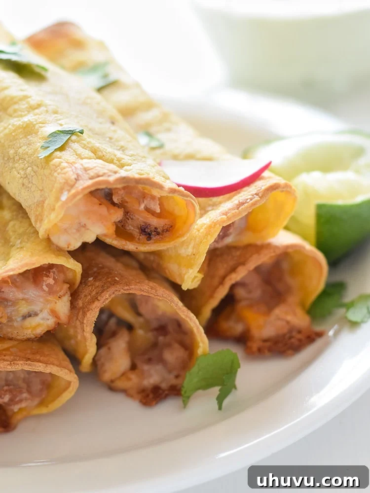 Freshly baked chicken, bean, and cheese taquitos on a platter, garnished with cilantro and lime wedges, ready for serving.