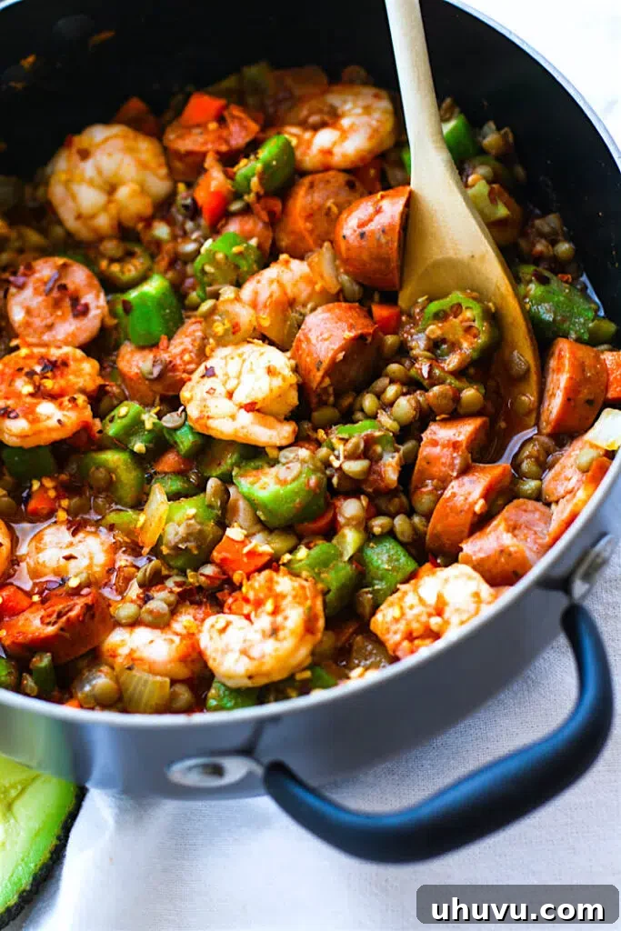 15 Cozy Comfort Meals Made Simple 11 One Pot Shrimp Jambalaya Lentil Bowls (Grain Free) - A healthy, spicy, and flavorful one-pot shrimp and lentil dish.