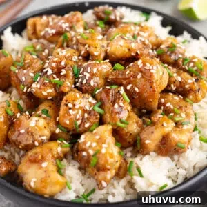 honey garlic chicken over white rice in a bowl