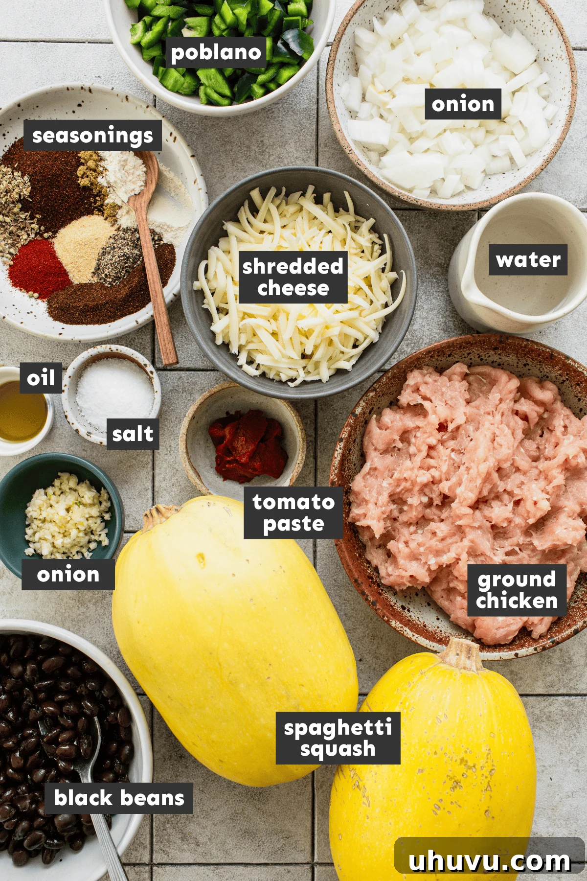 Hearty Spaghetti Squash Bake 4 Ingredients for stuffed spaghetti squash on a table.