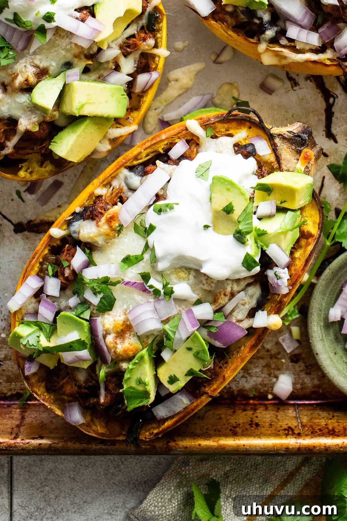 Hearty Spaghetti Squash Bake 9 Spaghetti squash boats served with a dollop of sour cream, diced avocado, and cilantro.